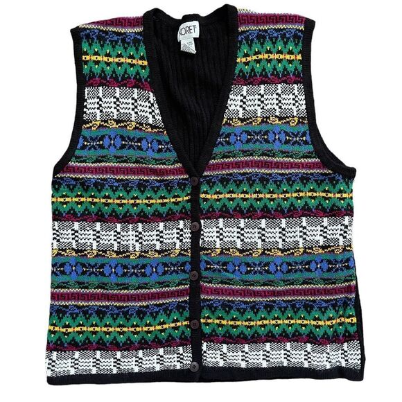 90s colorful patterned striped button down sweater vest - Picture 1 of 4